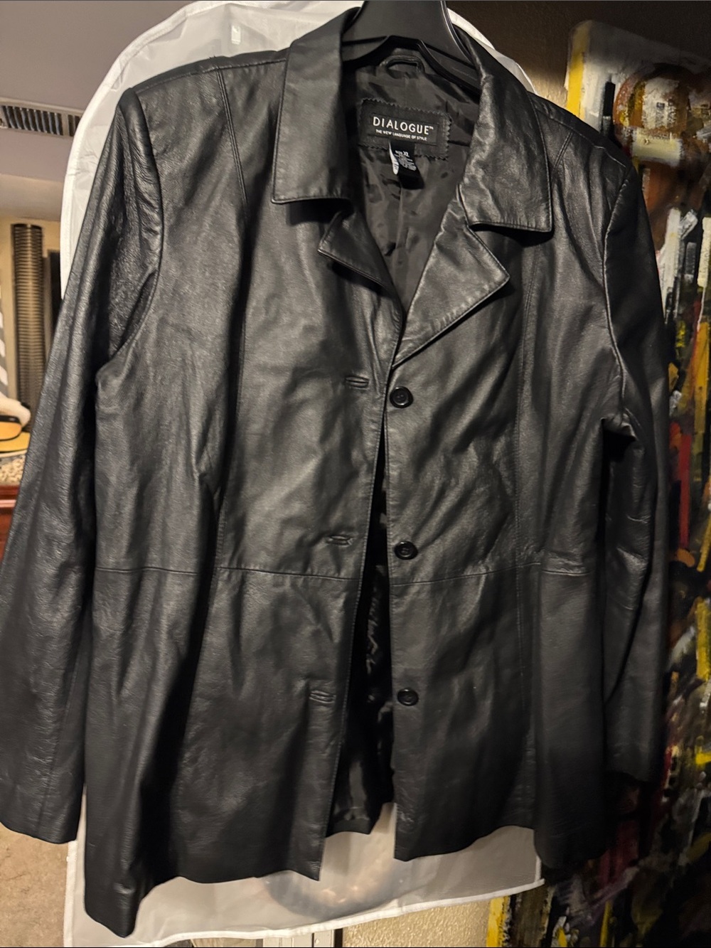 Dialogue Black Leather Trench Coat with Button Front